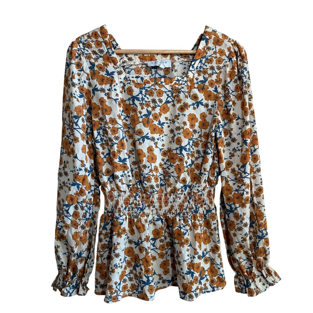 Hayden Los Angeles Floral Smocked Waist Blouse Small Cream Orange Womens Rayon